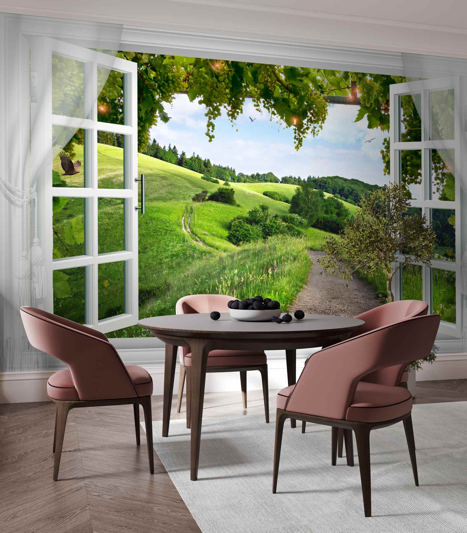 Papier peint Fenêtre donnant sur un panorama de prairies verdoyantes