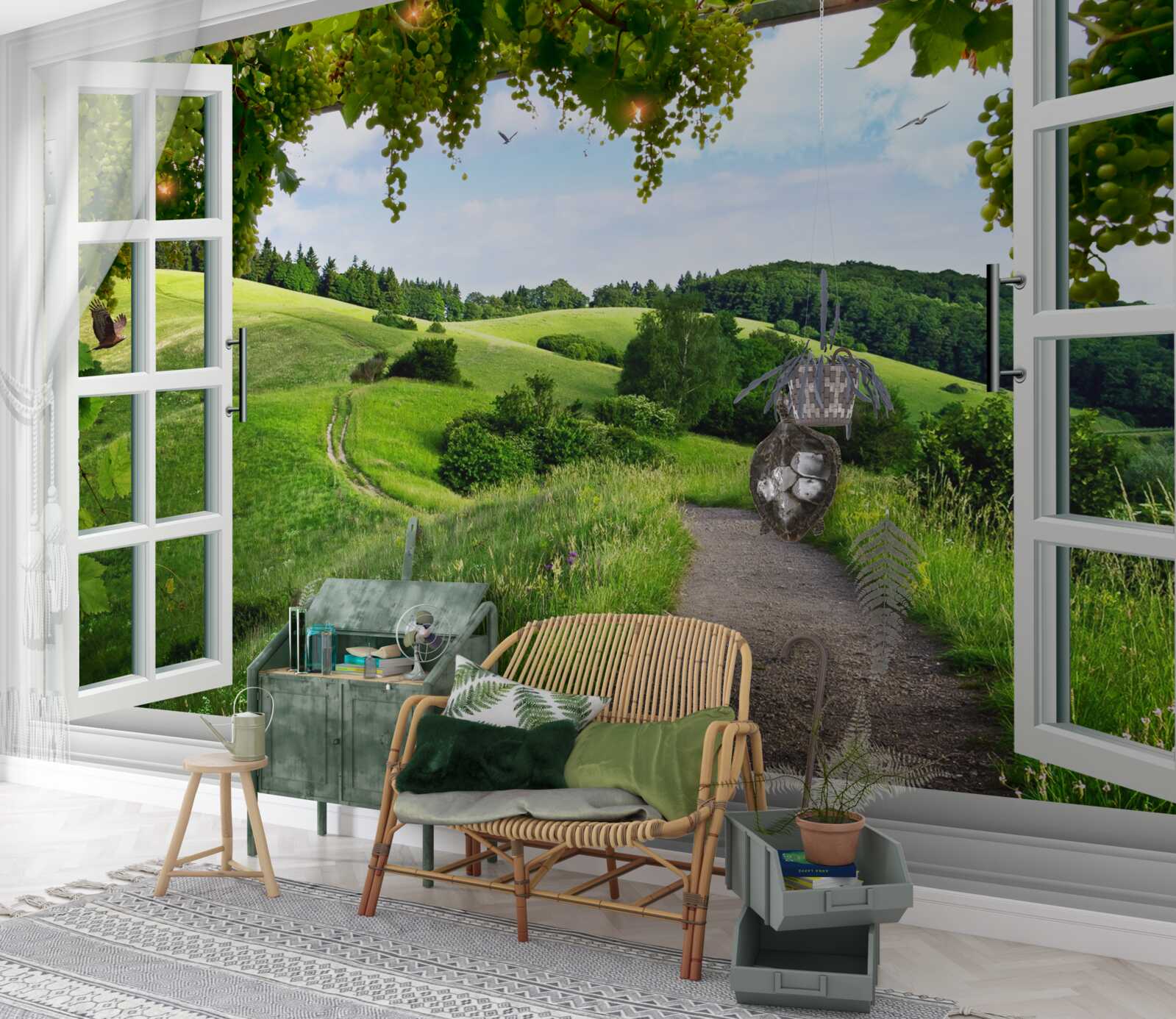 Papier peint Fenêtre donnant sur un panorama de prairies verdoyantes