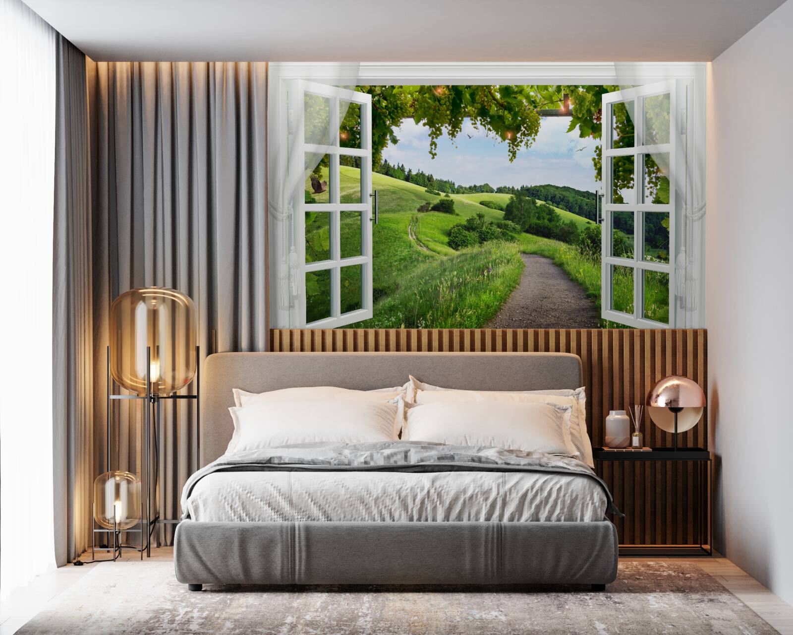 Papier peint Fenêtre donnant sur un panorama de prairies verdoyantes