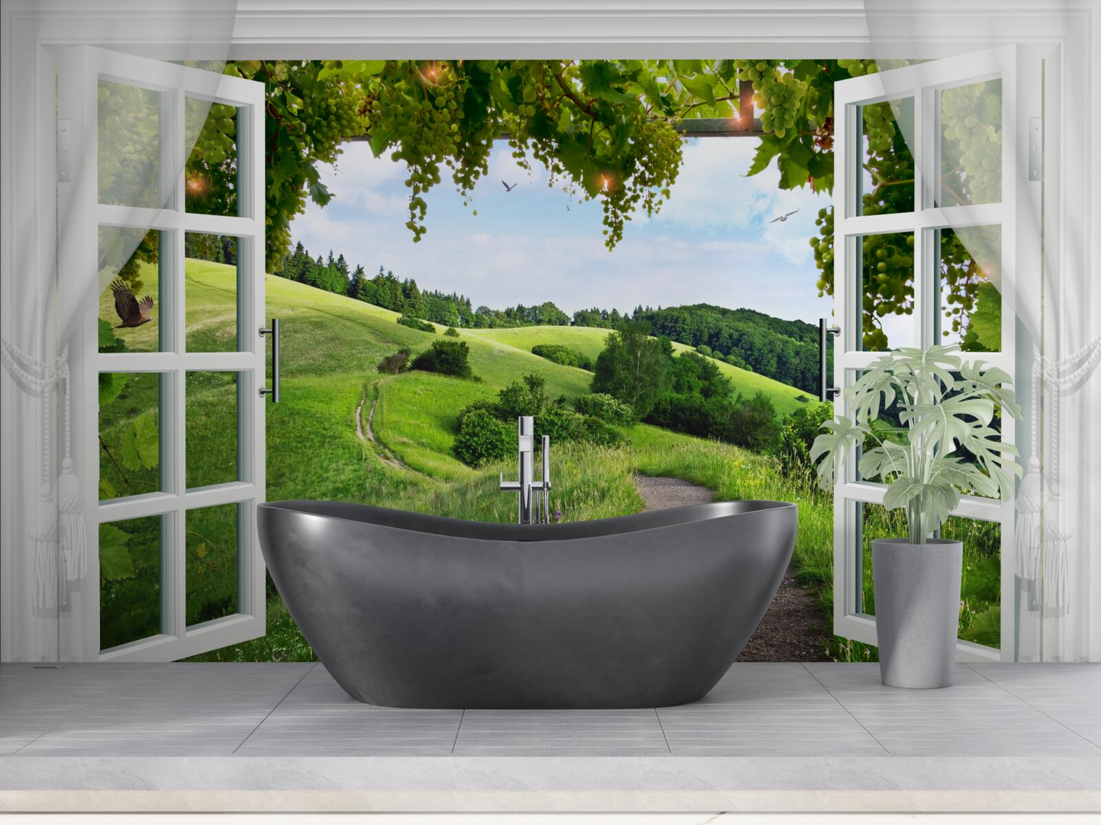Papier peint Fenêtre donnant sur un panorama de prairies verdoyantes