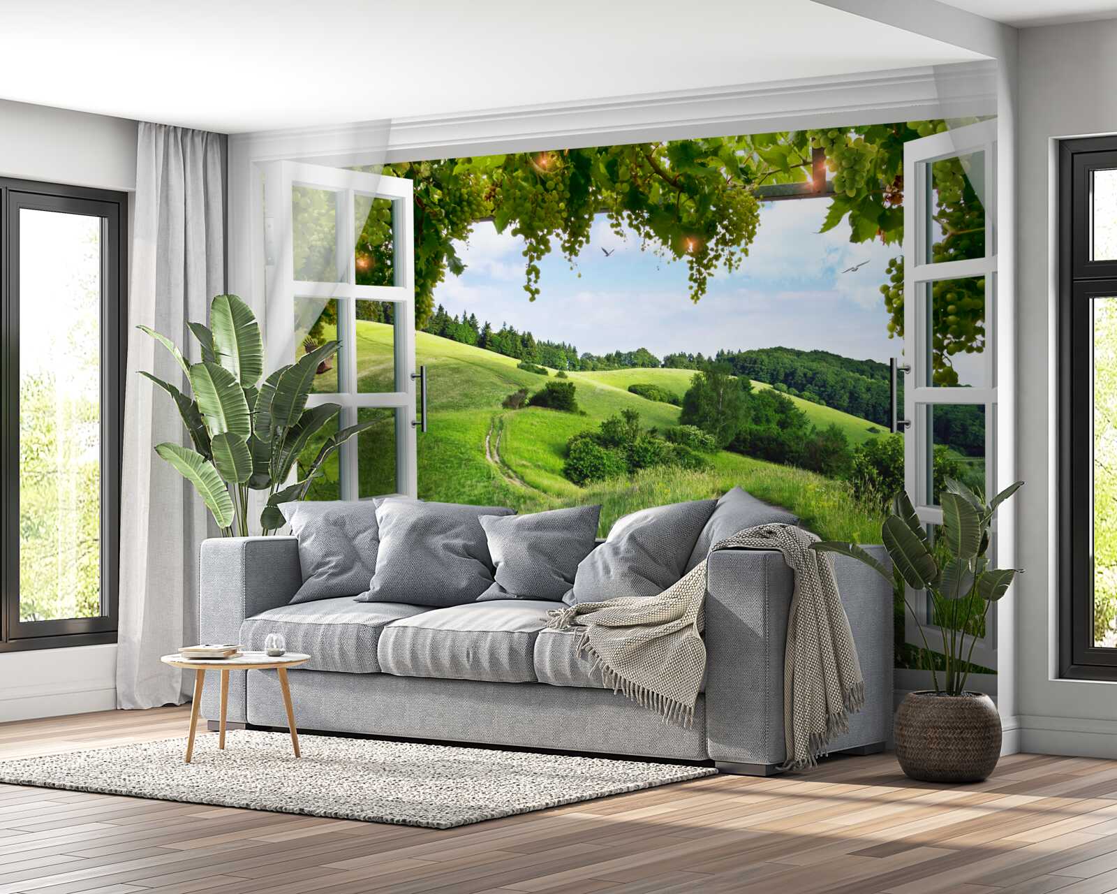 Papier peint Fenêtre donnant sur un panorama de prairies verdoyantes
