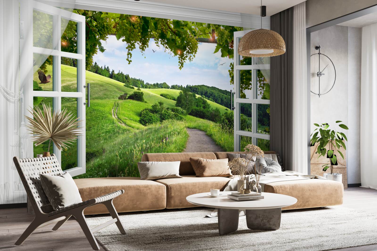 Papier peint Fenêtre donnant sur un panorama de prairies verdoyantes