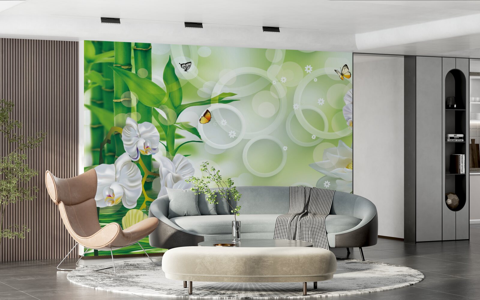 Papier peint l'eau qui se marie harmonieusement avec les orchidées blanches et les bambous