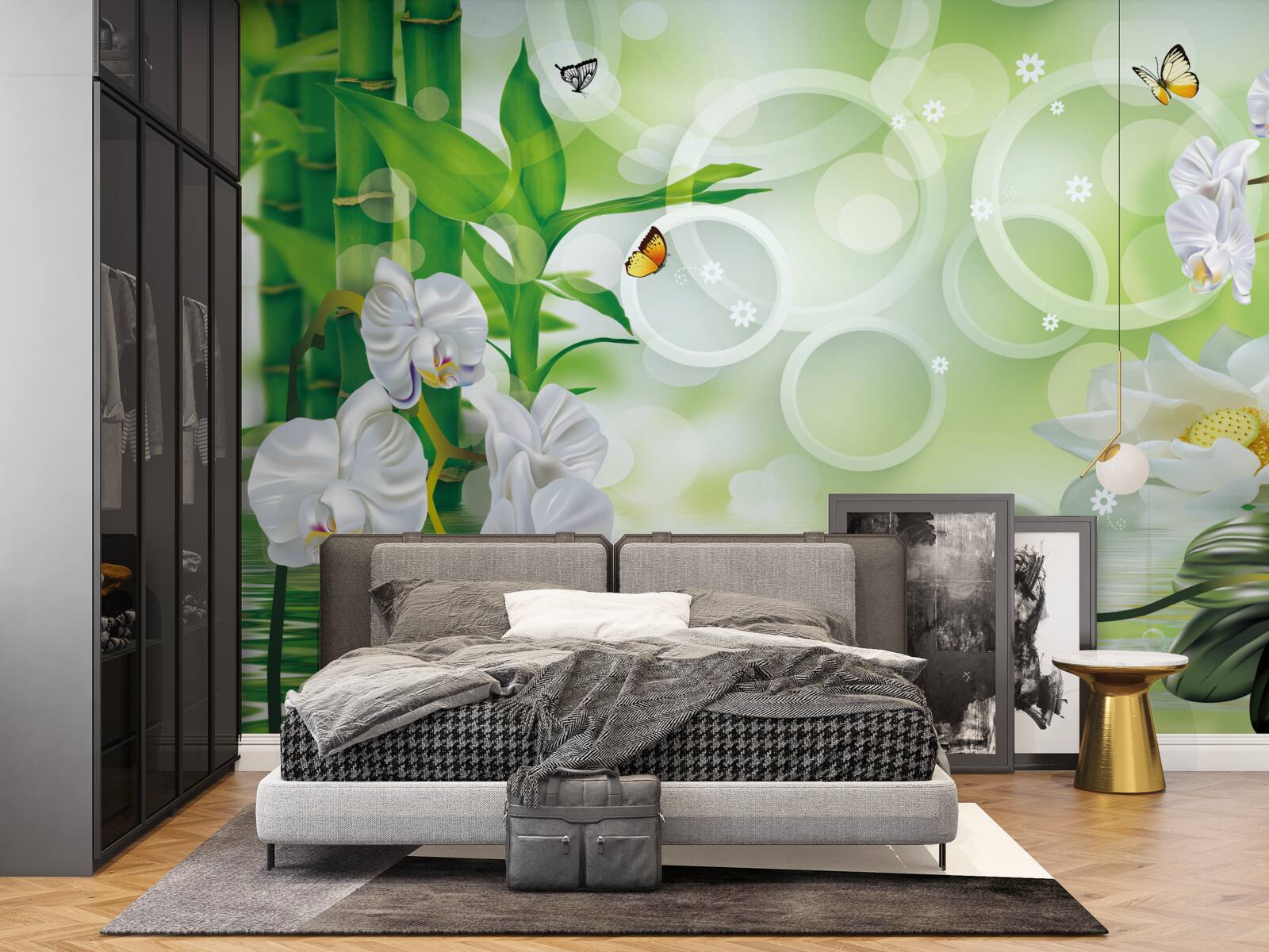 Papier peint l'eau qui se marie harmonieusement avec les orchidées blanches et les bambous