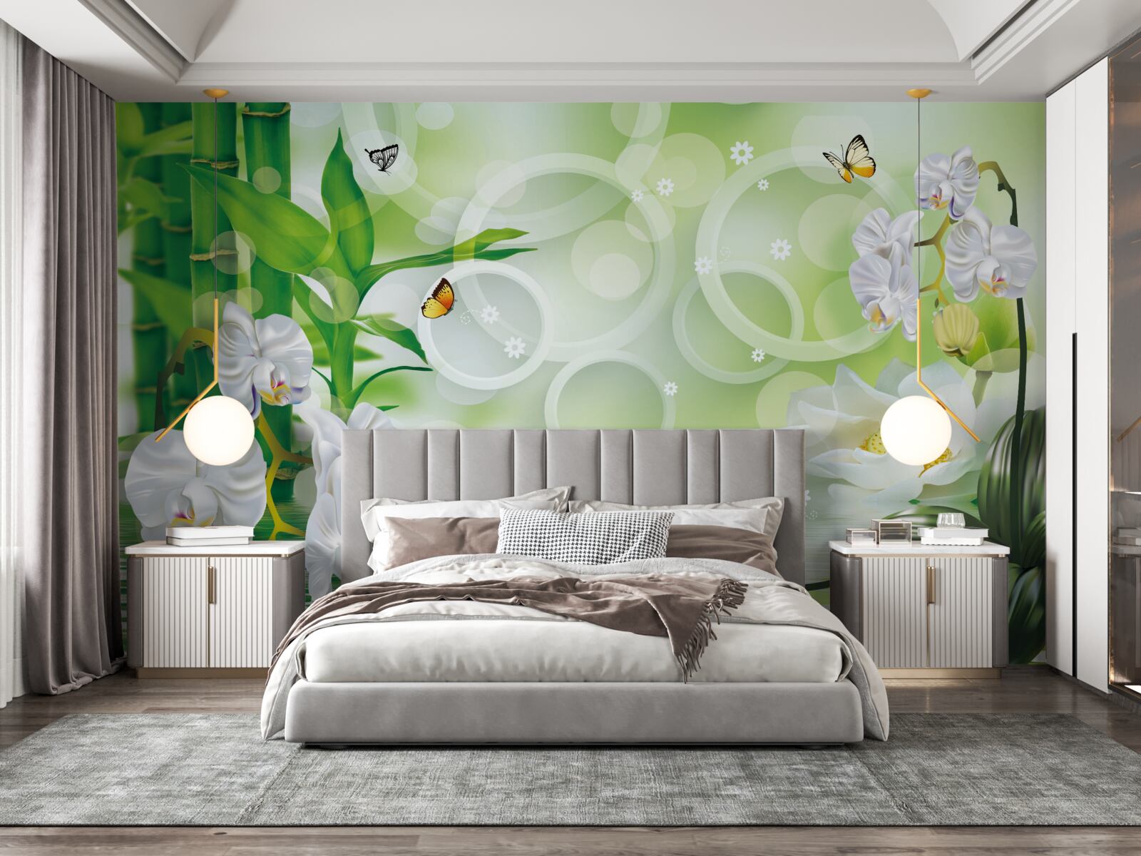 Papier peint l'eau qui se marie harmonieusement avec les orchidées blanches et les bambous