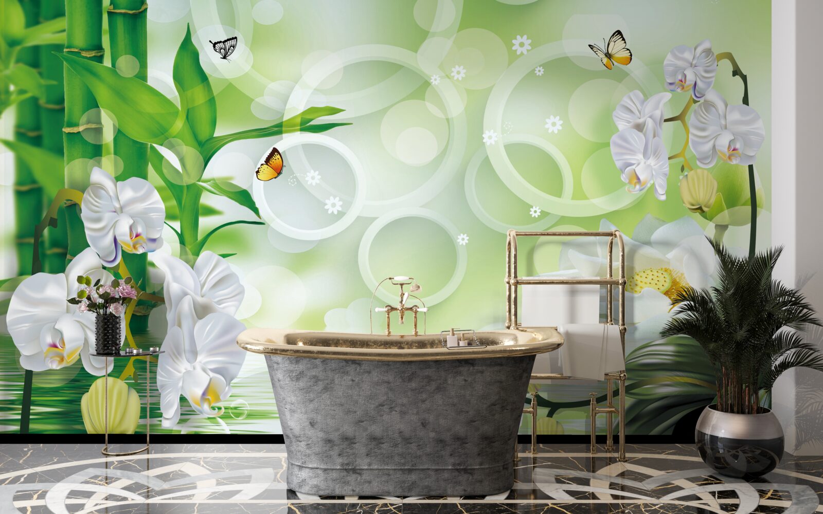 Papier peint l'eau qui se marie harmonieusement avec les orchidées blanches et les bambous