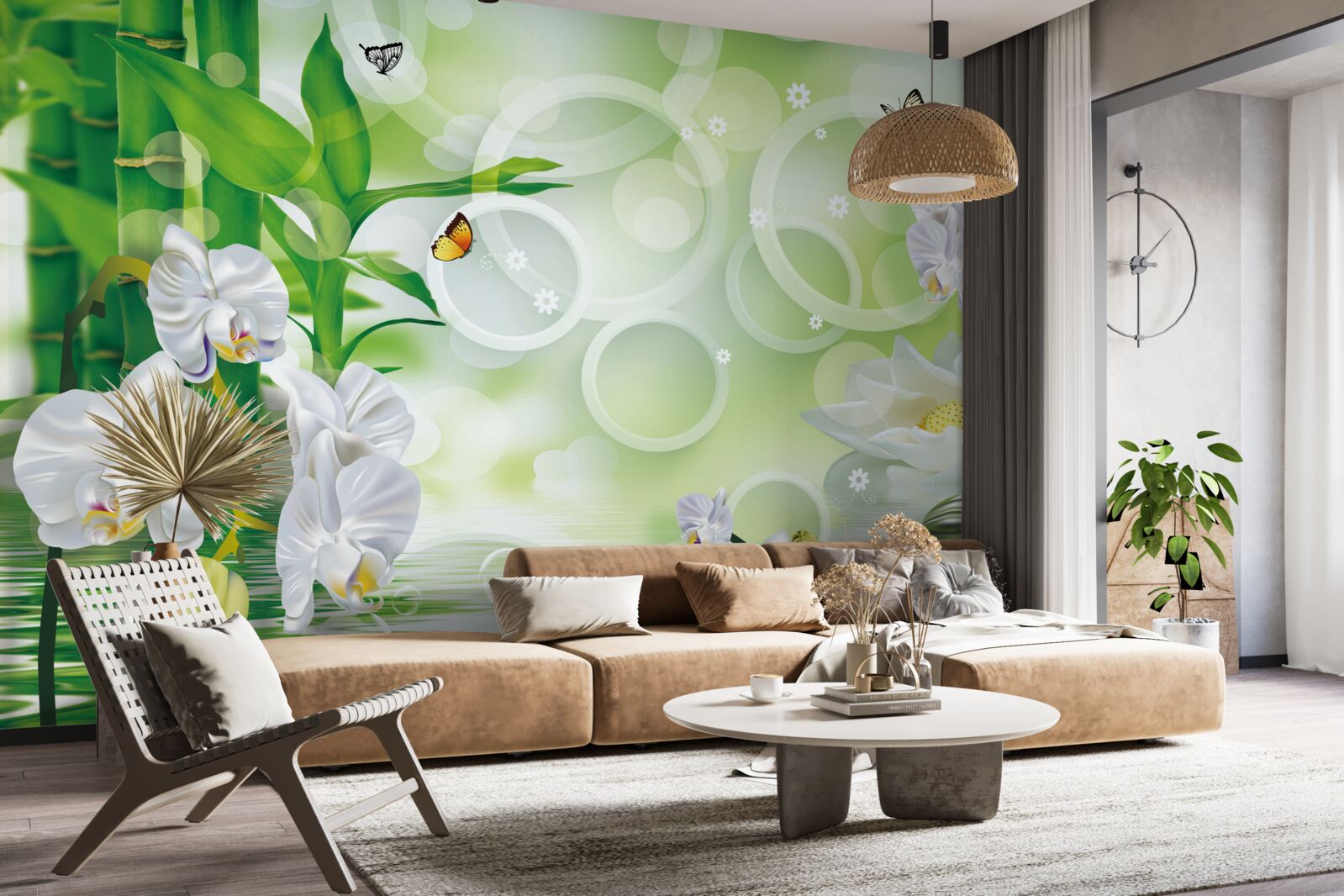 Papier peint l'eau qui se marie harmonieusement avec les orchidées blanches et les bambous