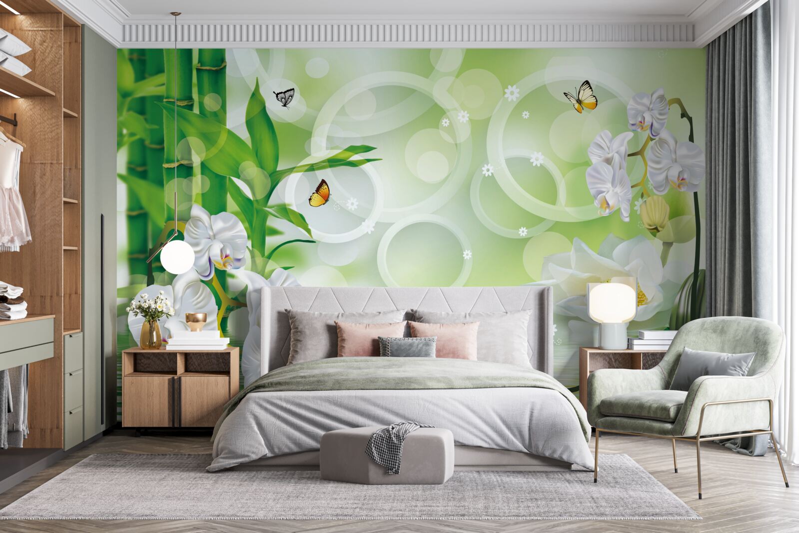 Papier peint des bambous verts et des fleurs se reflètent dans l'eau, entourés de cercles blancs