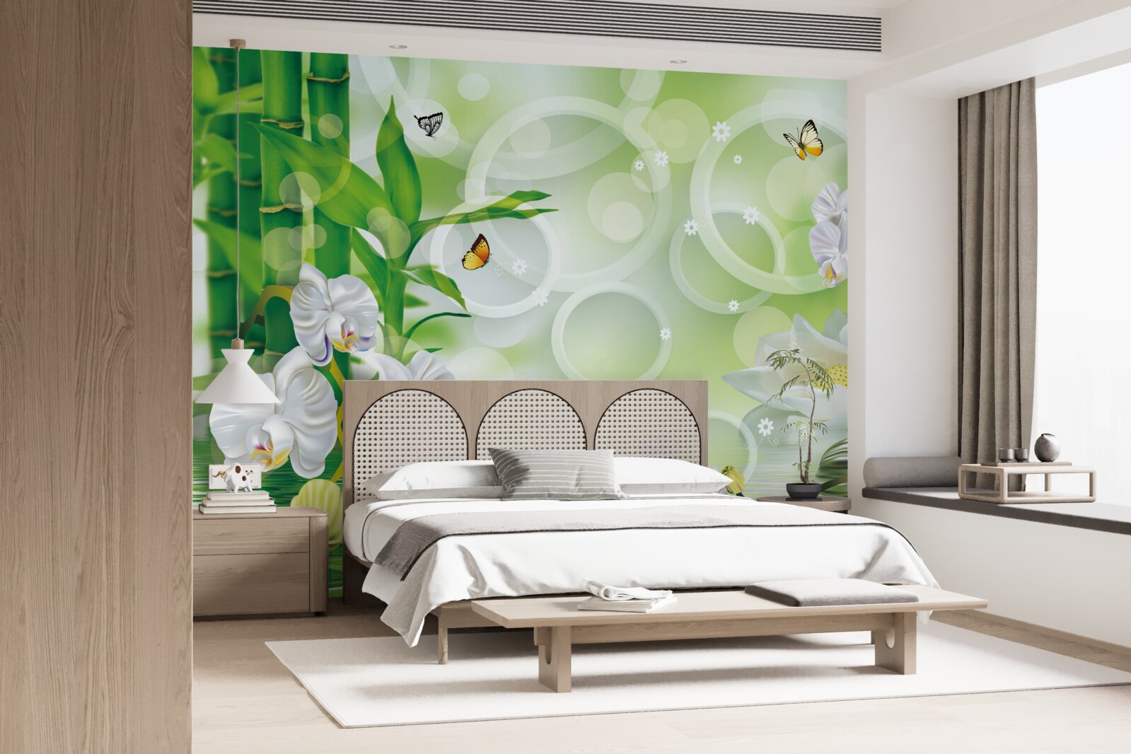 Papier peint des bambous verts et des fleurs se reflètent dans l'eau, entourés de cercles blancs