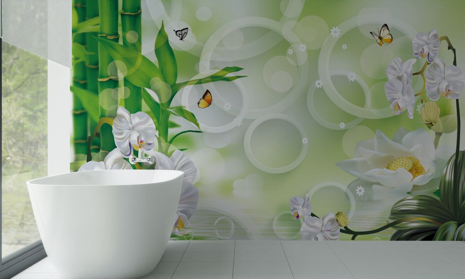 Papier peint des bambous verts et des fleurs se reflètent dans l'eau, entourés de cercles blancs