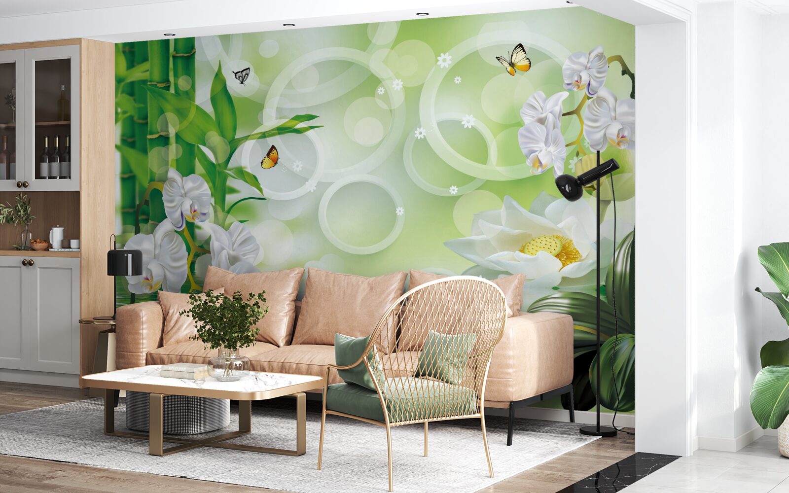 Papier peint des bambous verts et des fleurs se reflètent dans l'eau, entourés de cercles blancs