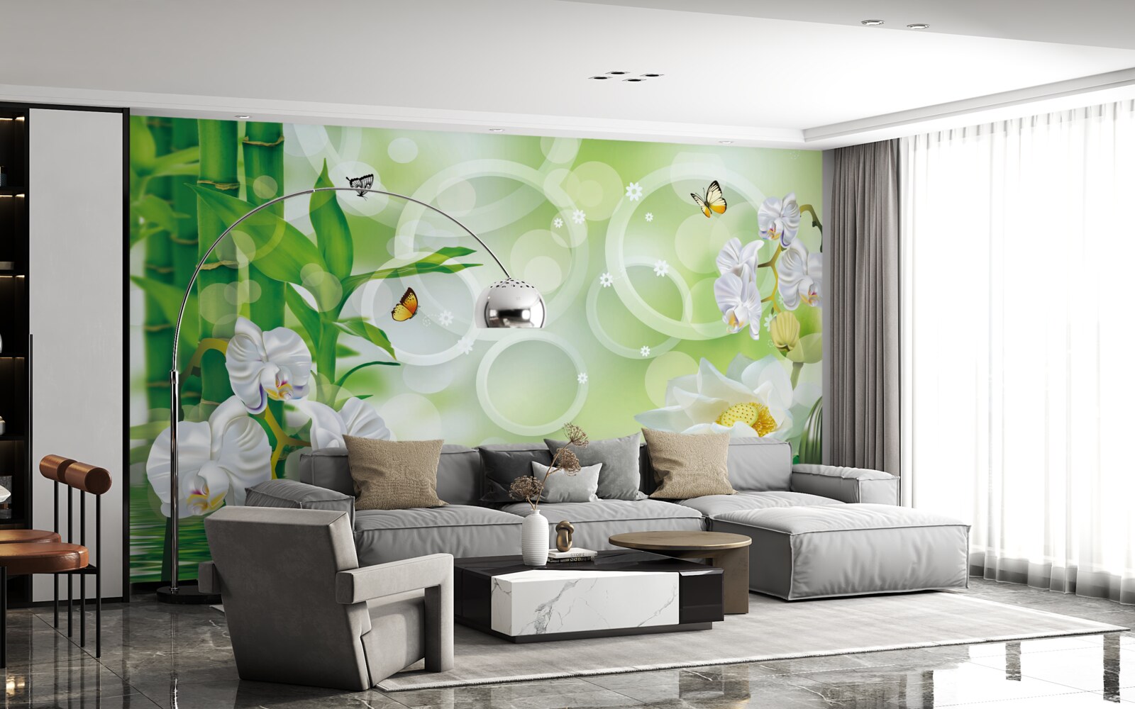 Papier peint des bambous verts et des fleurs se reflètent dans l'eau, entourés de cercles blancs