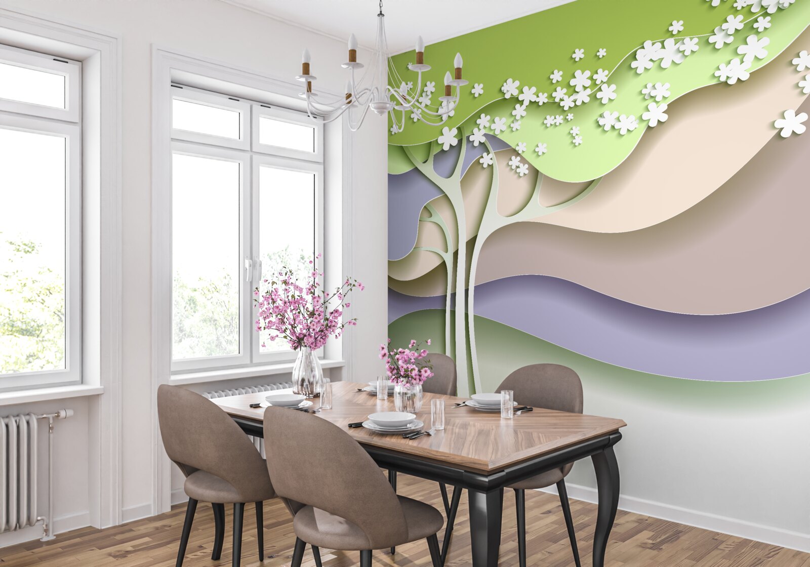 Papier peint abstraction d'un arbre à fleurs avec des feuilles