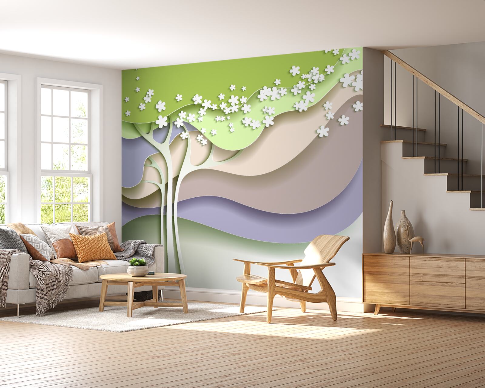 Papier peint abstraction d'un arbre à fleurs avec des feuilles