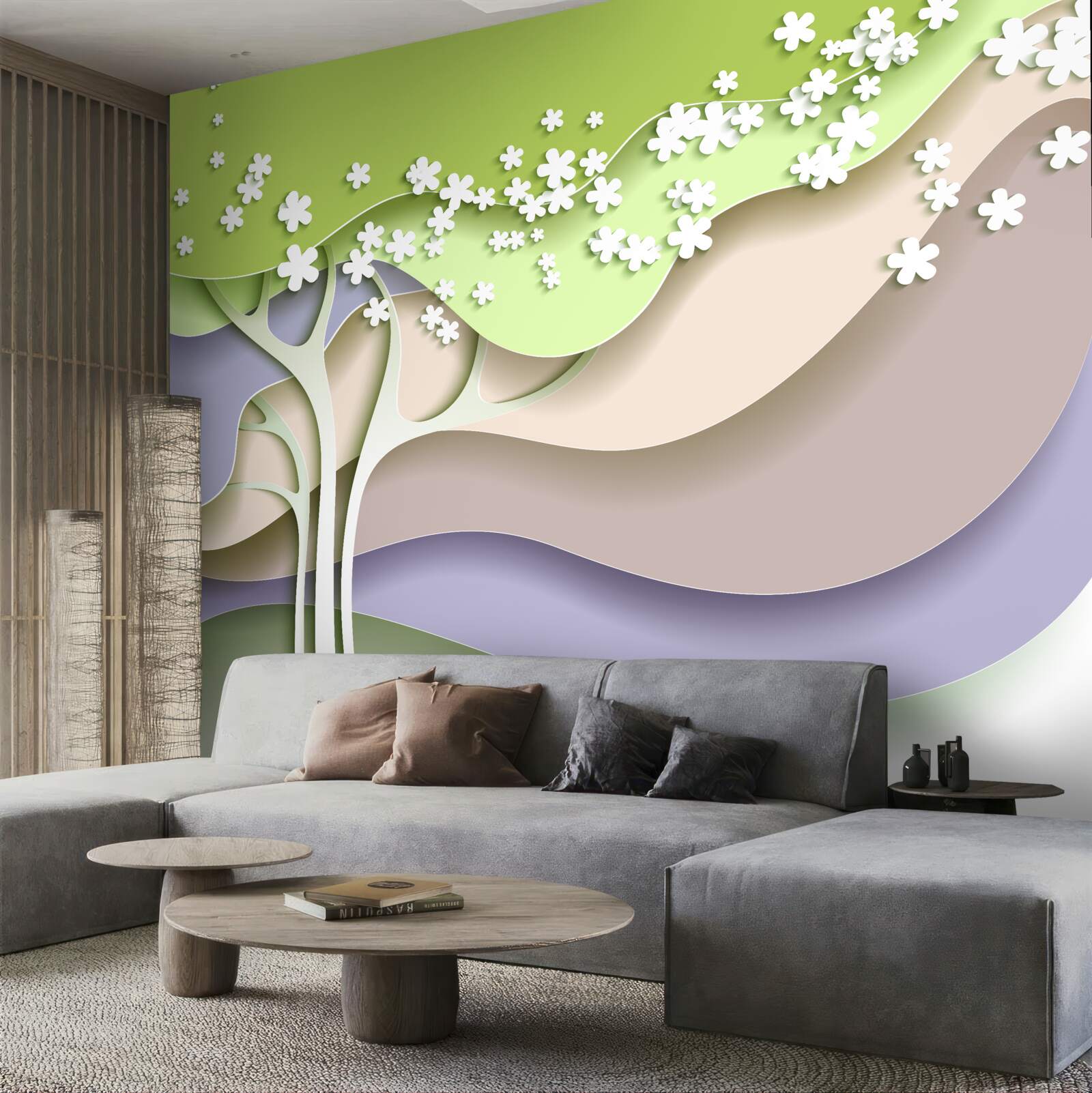 Papier peint abstraction d'un arbre à fleurs avec des feuilles