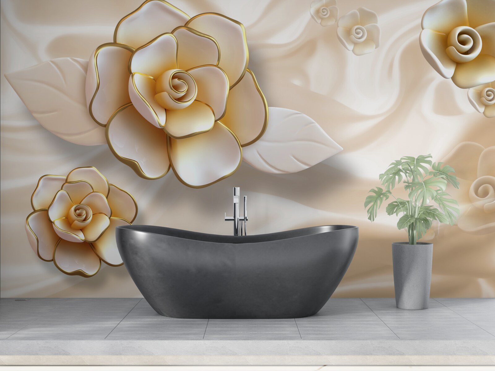 Papier peint roses blanches luxueuses aux reflets dorés