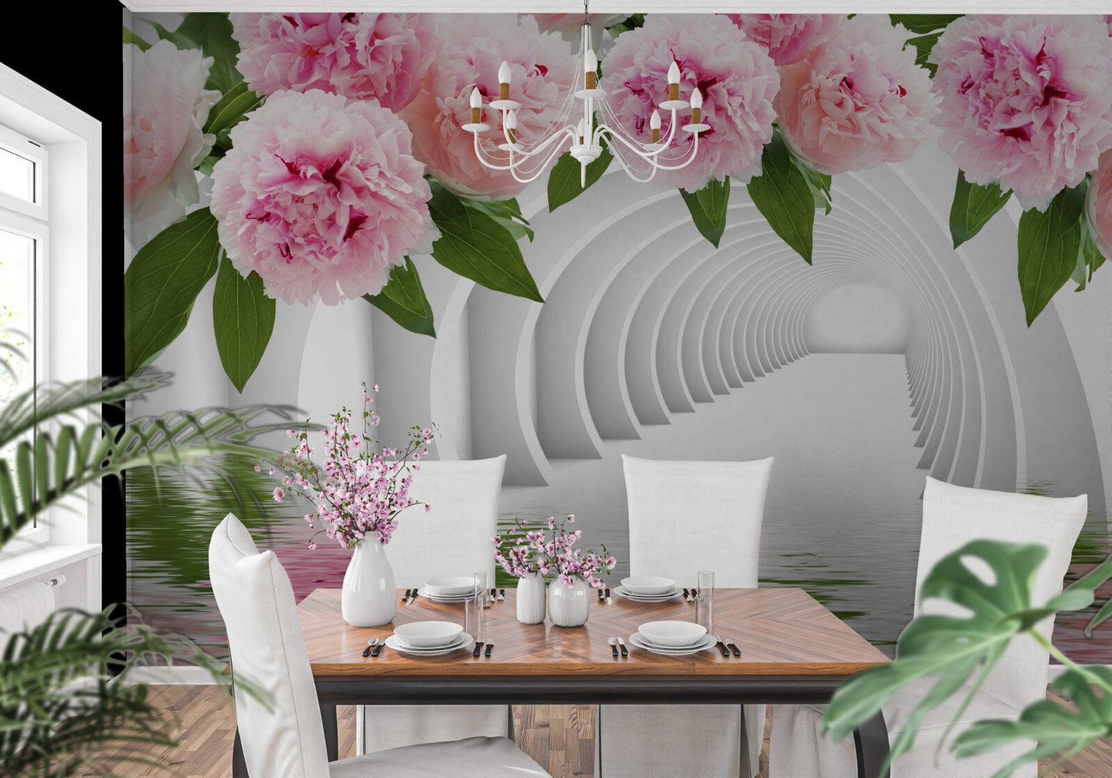 Papier peint pivoines roses au-dessus de la surface de l'eau