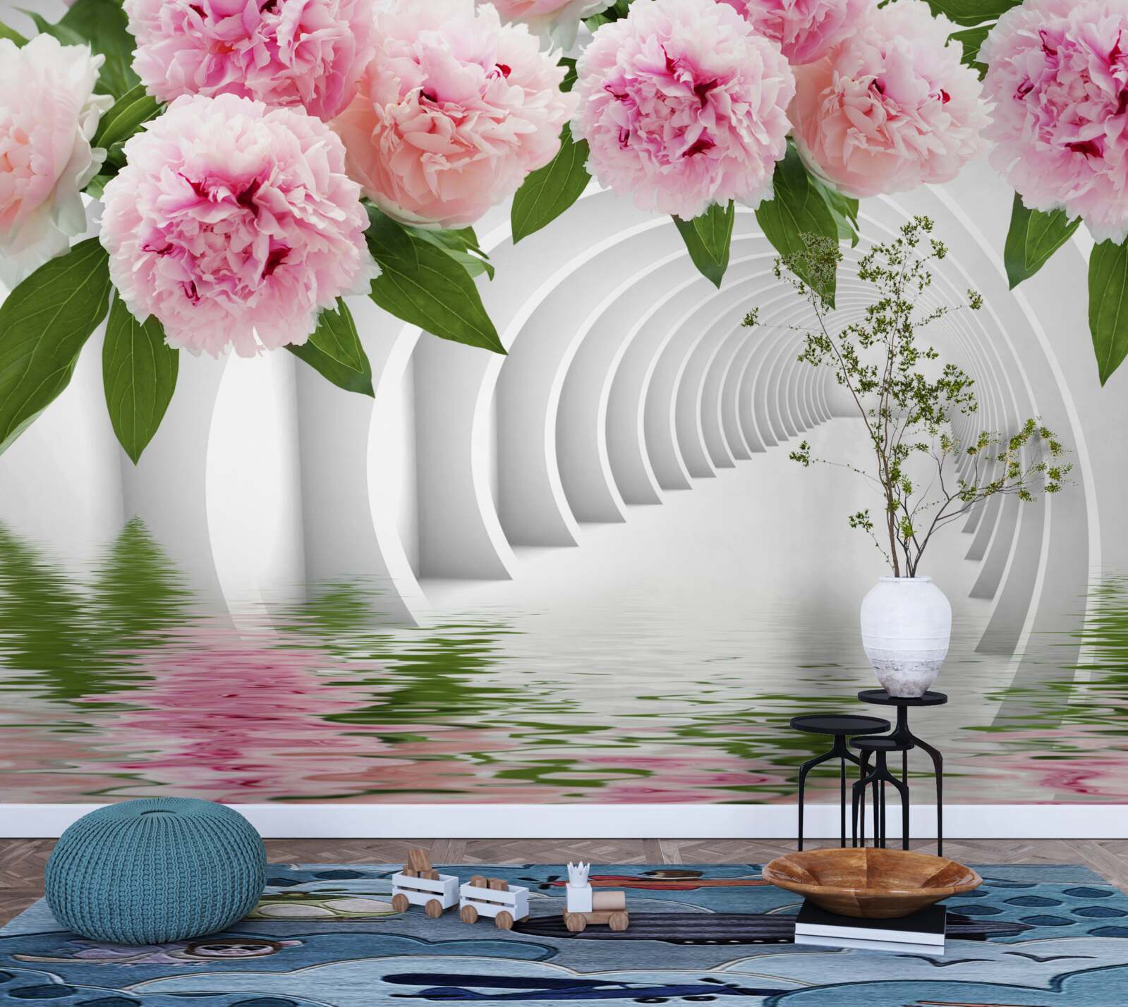 Papier peint pivoines roses au-dessus de la surface de l'eau