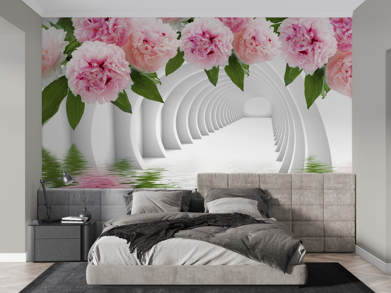 Papier peint pivoines roses au-dessus de la surface de l'eau