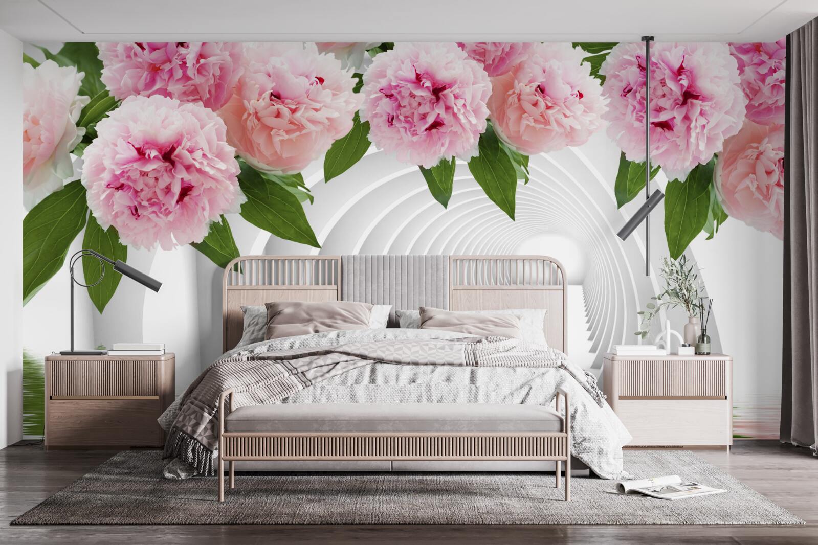 Papier peint pivoines roses au-dessus de la surface de l'eau