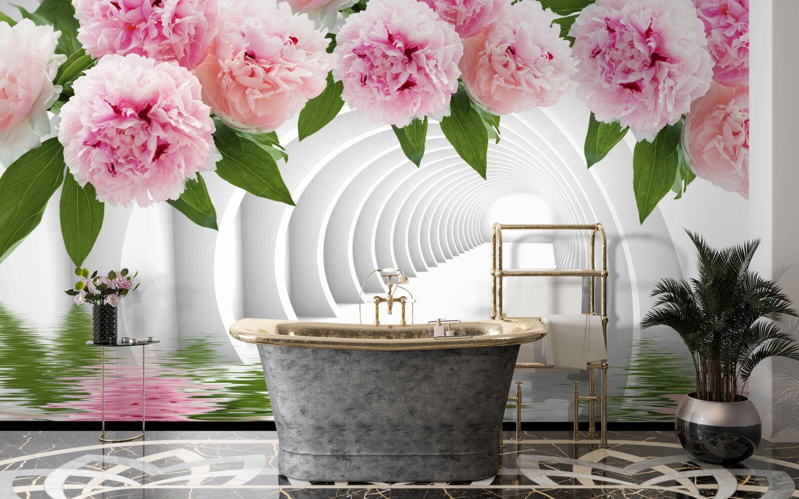 Papier peint pivoines roses au-dessus de la surface de l'eau