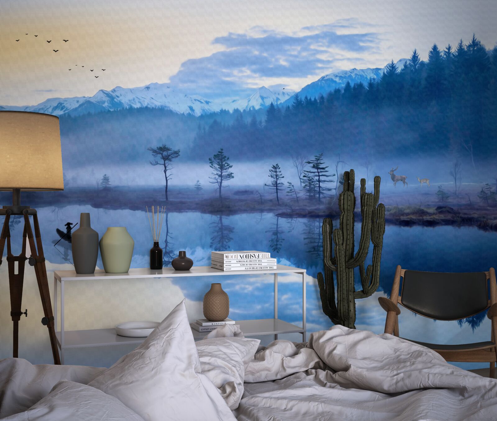 Papier peint image d'une forêt d'épicéas dans un miroir d'eau