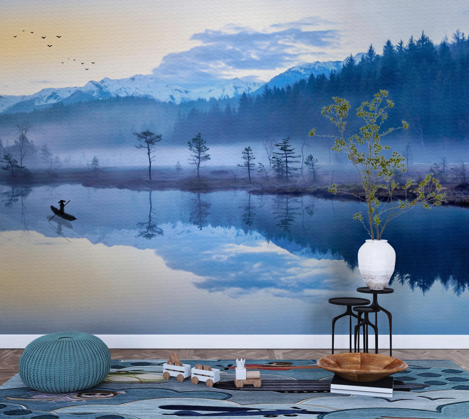 Papier peint image d'une forêt d'épicéas dans un miroir d'eau