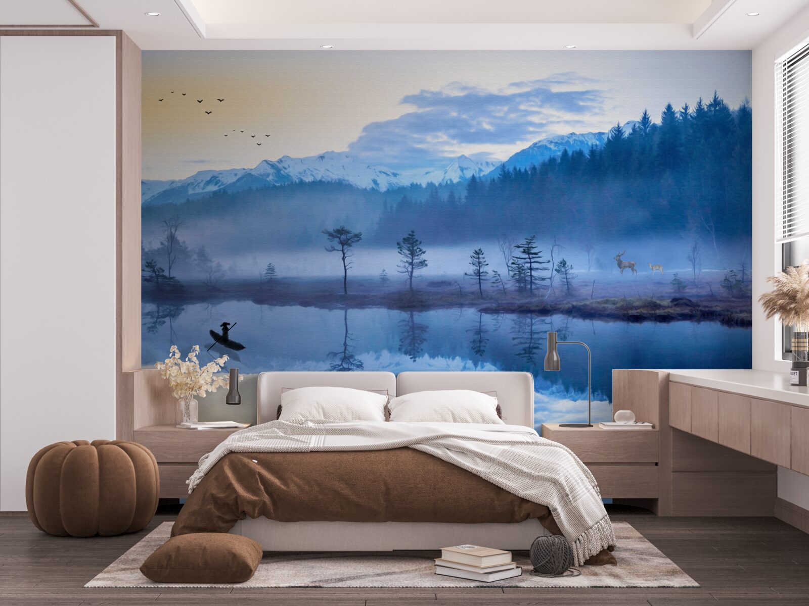 Papier peint image d'une forêt d'épicéas dans un miroir d'eau