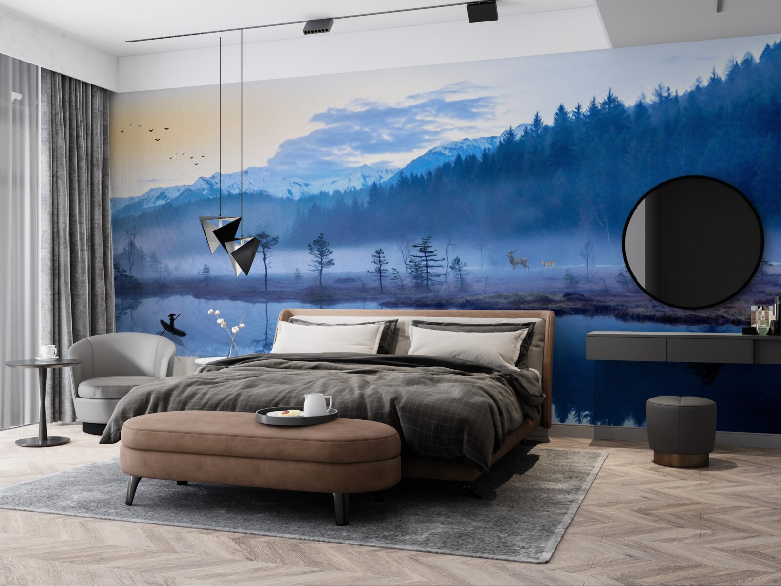 Papier peint image d'une forêt d'épicéas dans un miroir d'eau