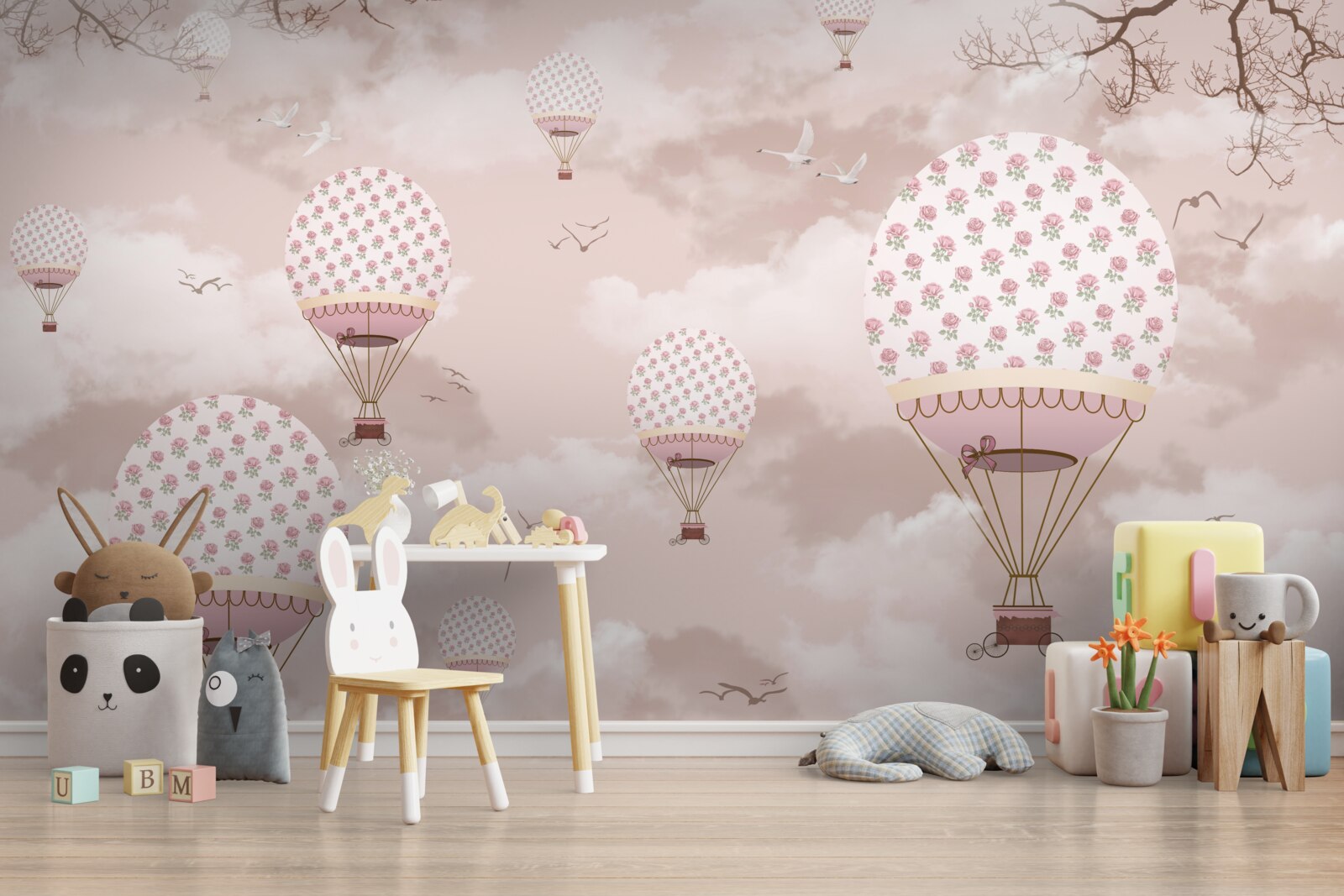 Papier peint le ciel rose est décoré de ballons