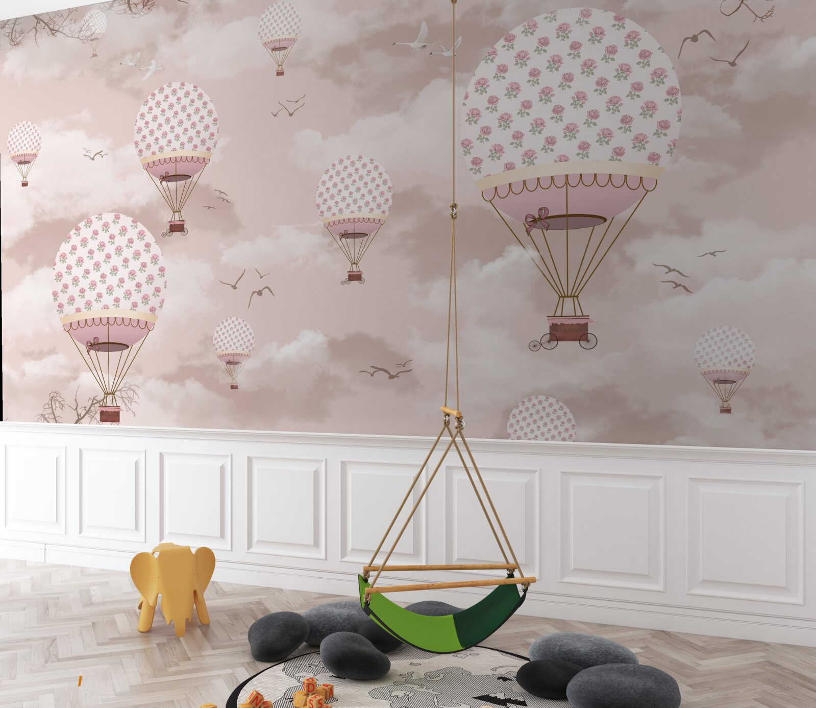 Papier peint le ciel rose est décoré de ballons