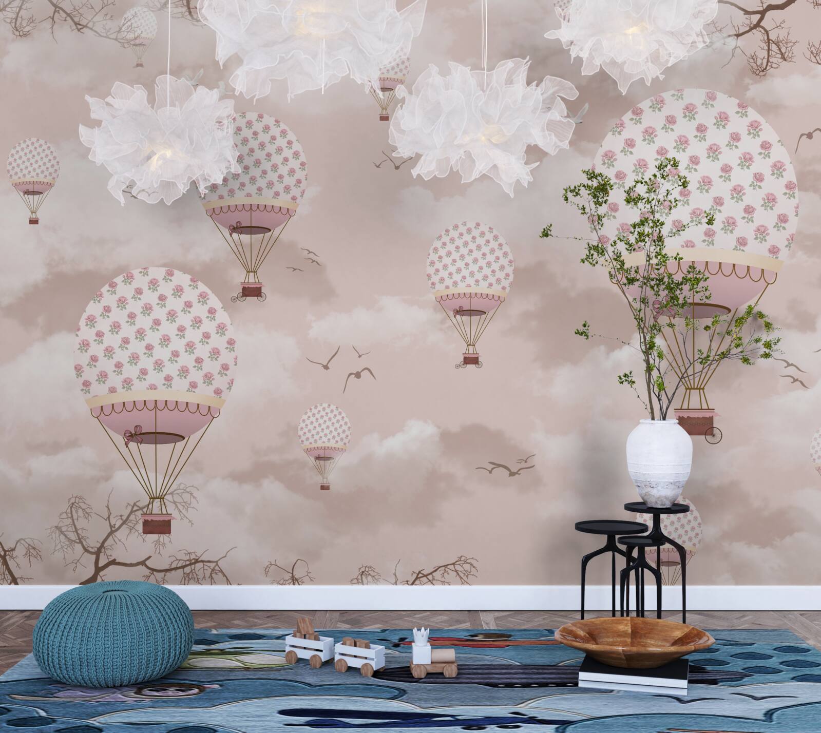 Papier peint le ciel rose est décoré de ballons