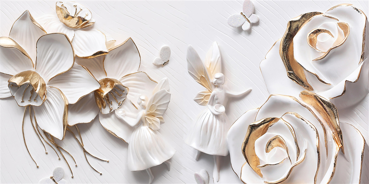 Papier peint papillons et or sur fond de fleurs blanches