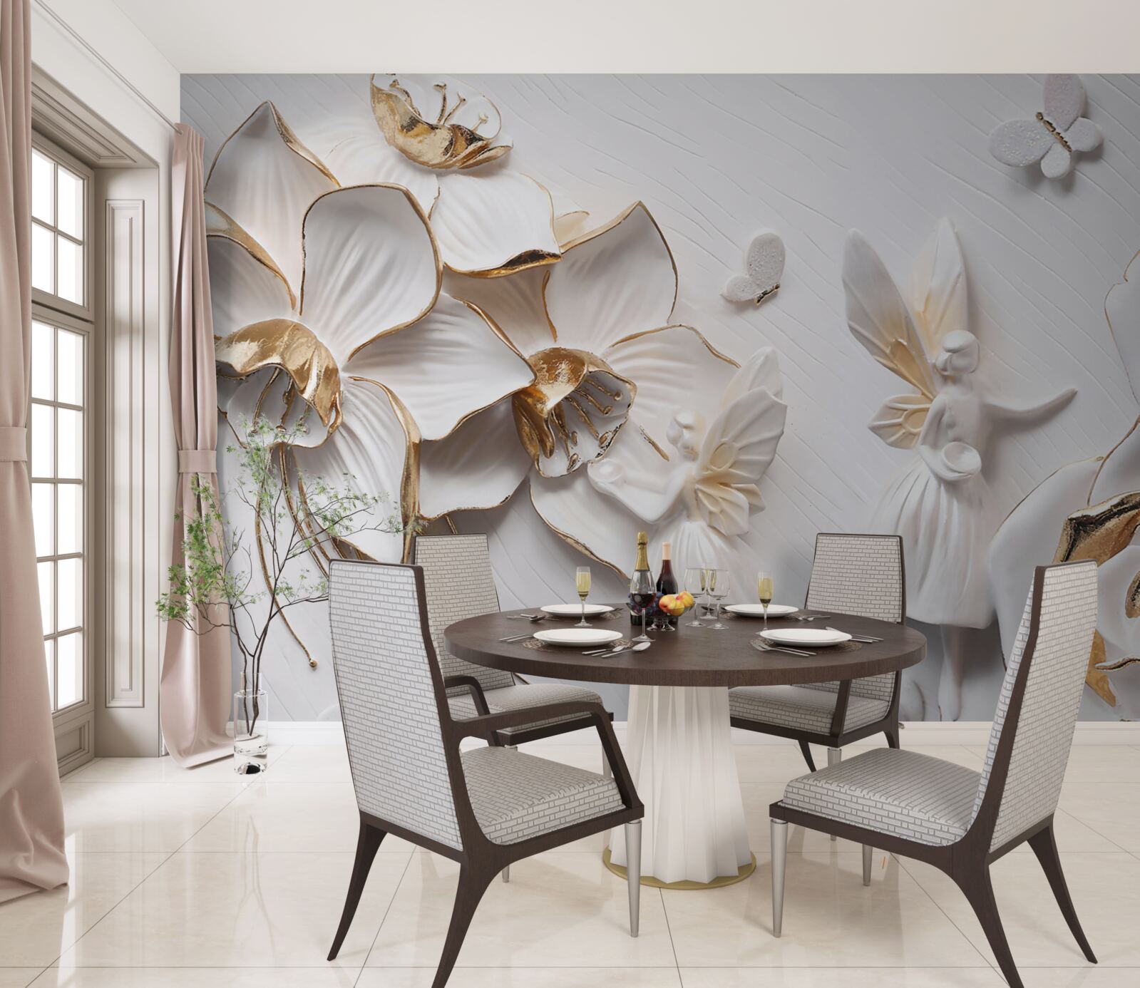 Papier peint papillons et or sur fond de fleurs blanches