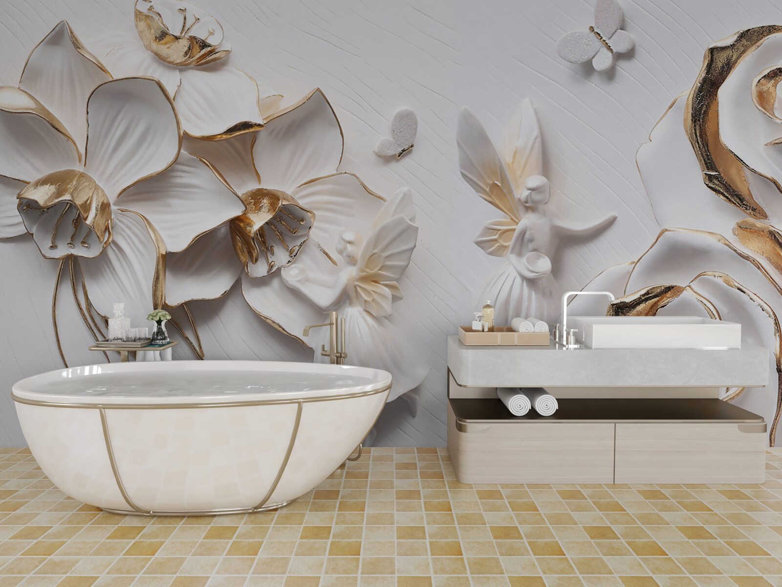 Papier peint papillons et or sur fond de fleurs blanches