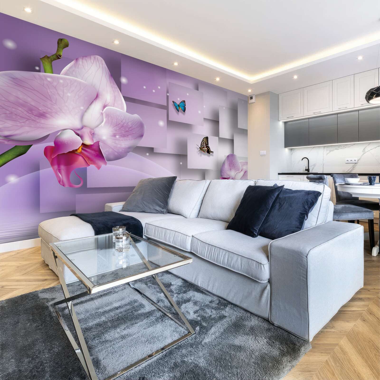 Papier peint orchidée lilas et papillons disposés sur un motif géométrique