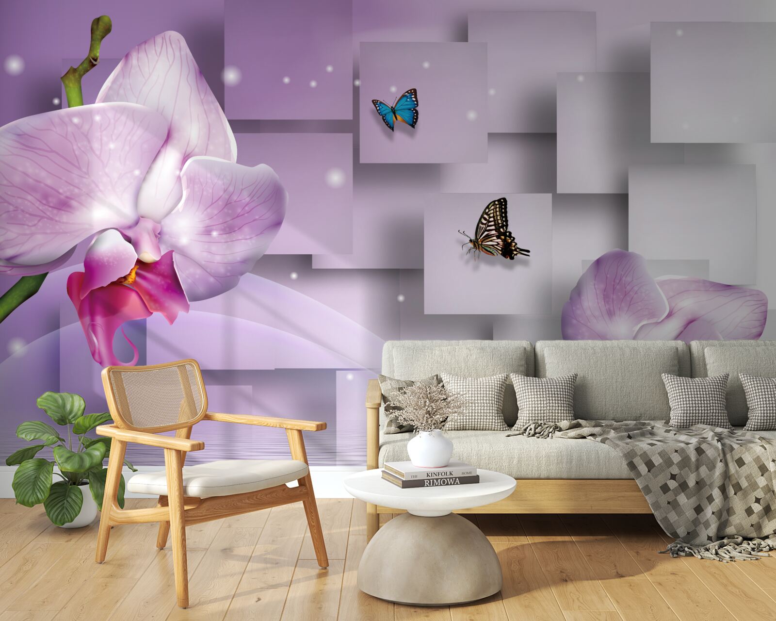 Papier peint orchidée lilas et papillons disposés sur un motif géométrique