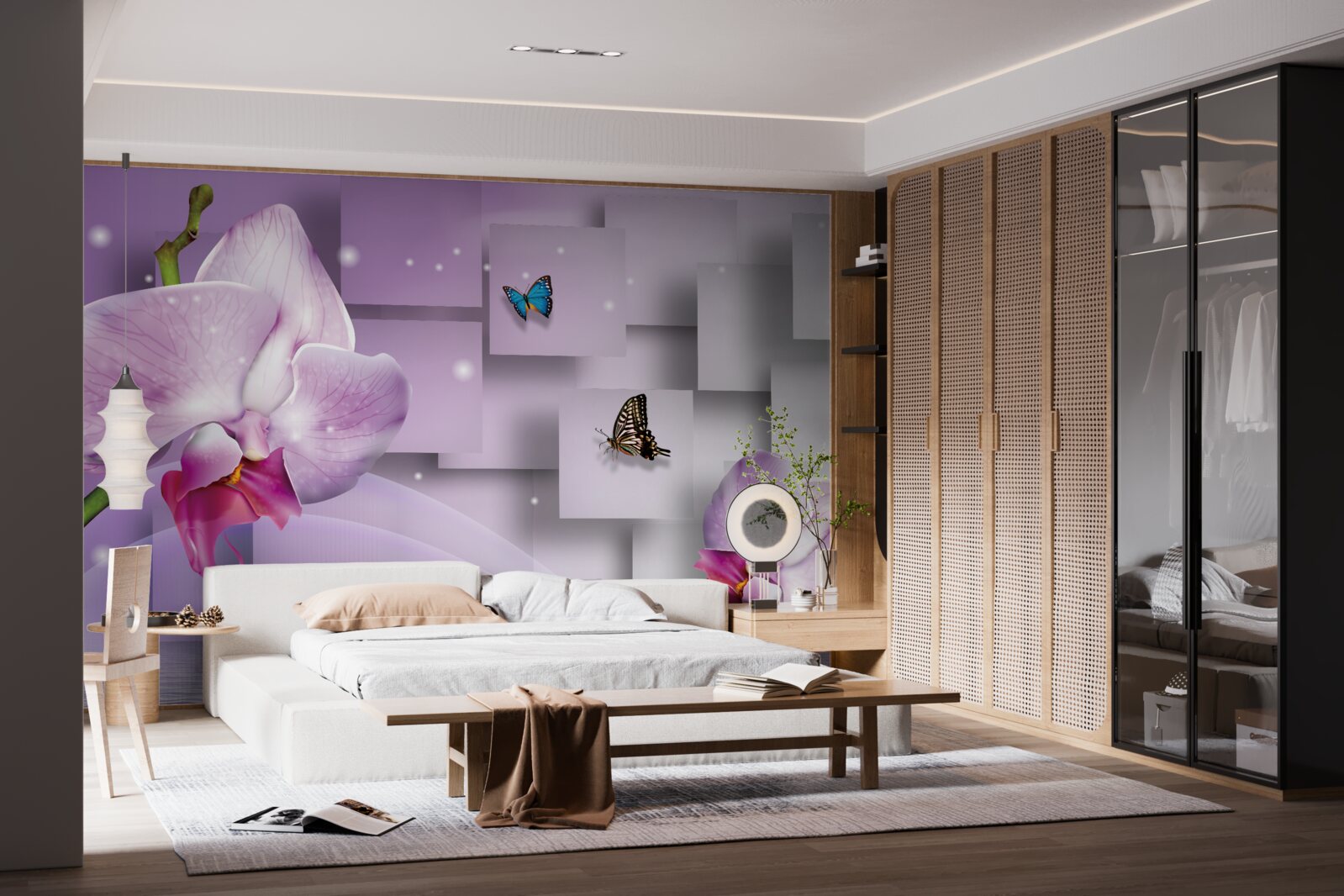 Papier peint orchidée lilas et papillons disposés sur un motif géométrique