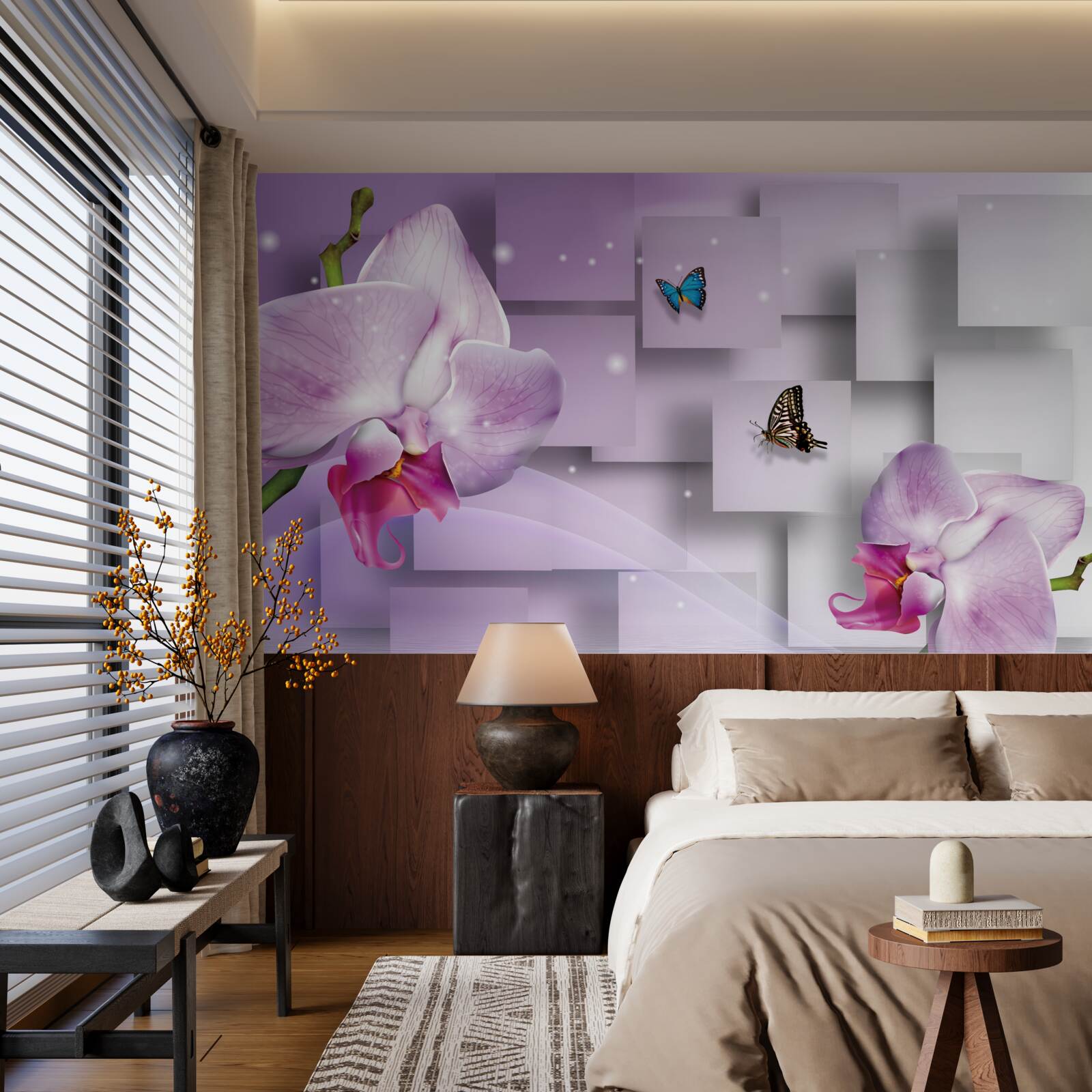 Papier peint orchidée lilas et papillons disposés sur un motif géométrique