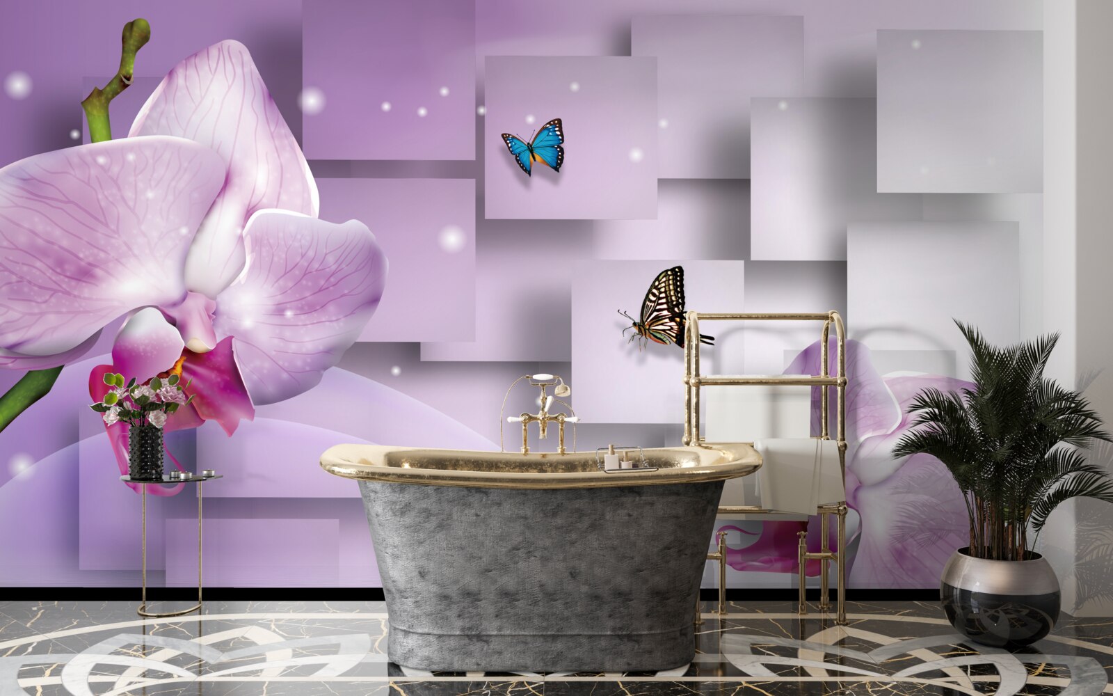 Papier peint orchidée lilas et papillons disposés sur un motif géométrique