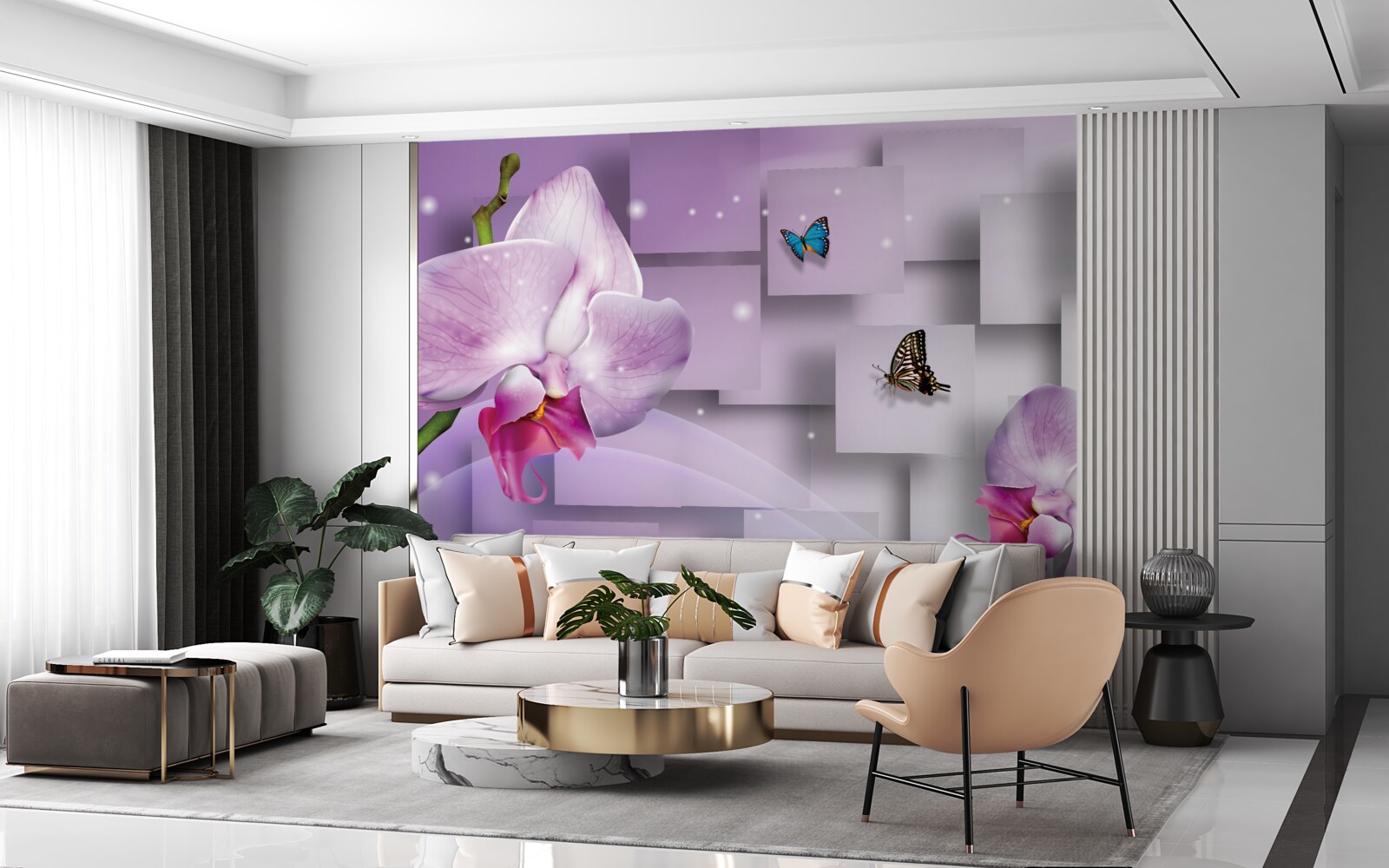 Papier peint orchidée lilas et papillons disposés sur un motif géométrique