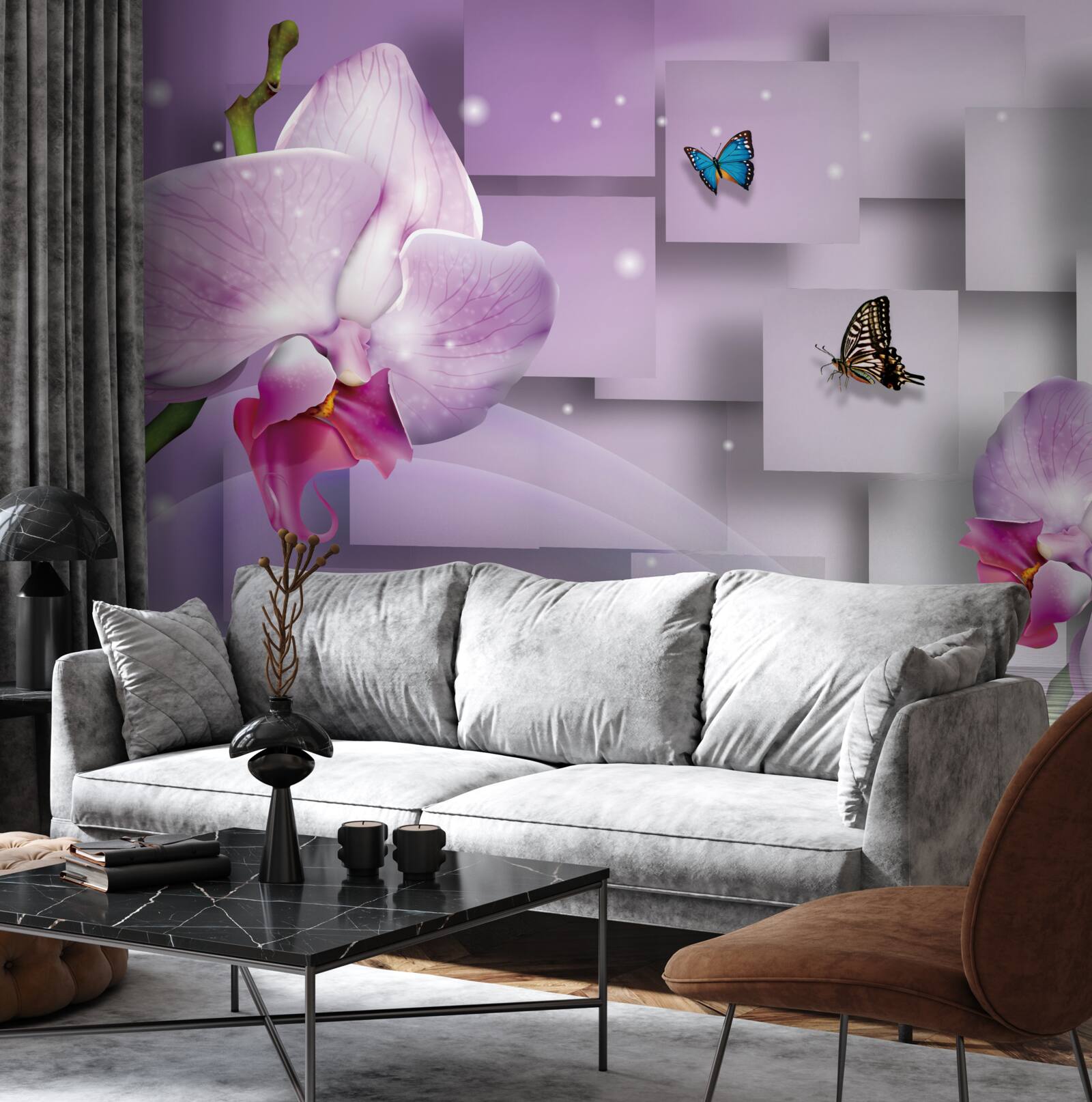 Papier peint orchidée lilas et papillons disposés sur un motif géométrique