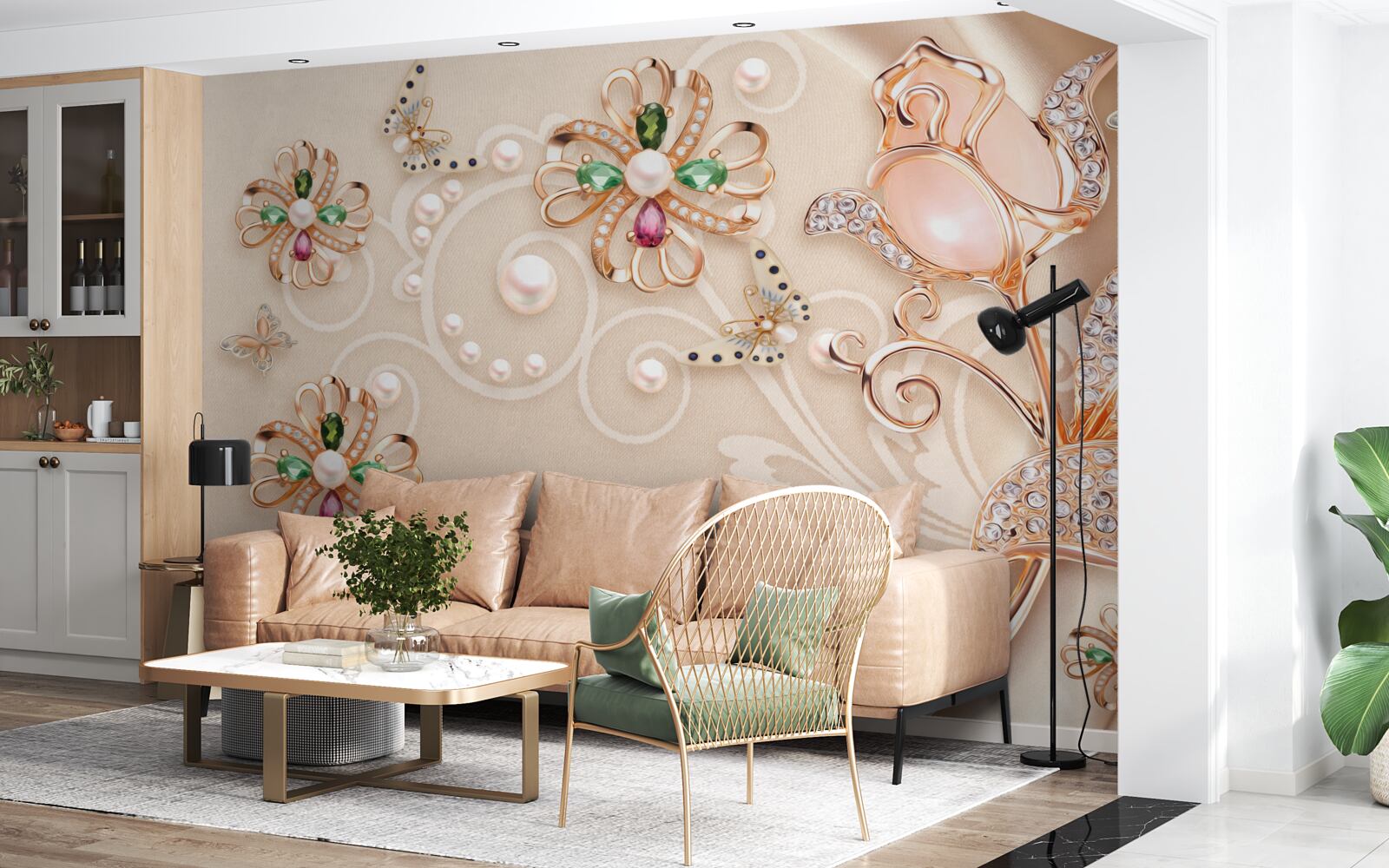 Papier peint des pierres précieuses en forme de fleurs et de feuilles