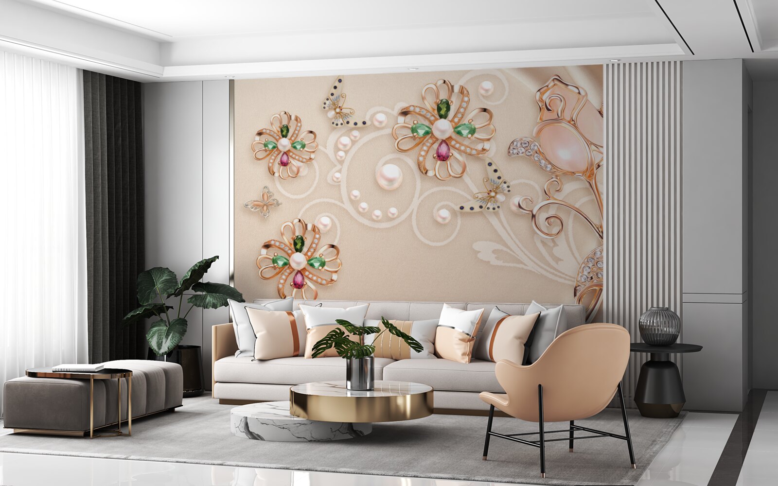 Papier peint des pierres précieuses en forme de fleurs et de feuilles