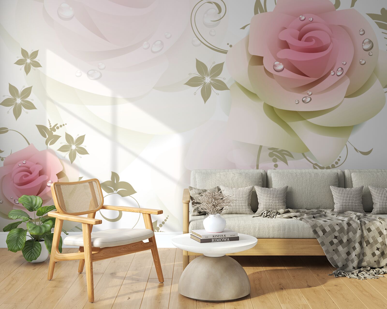 Papier peint de minces bourgeons roses avec des gouttelettes nacrées