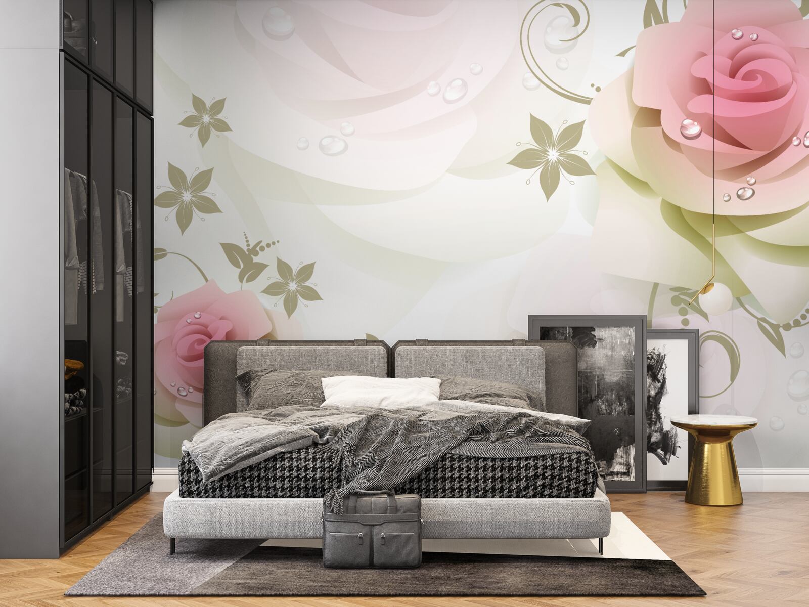 Papier peint de minces bourgeons roses avec des gouttelettes nacrées