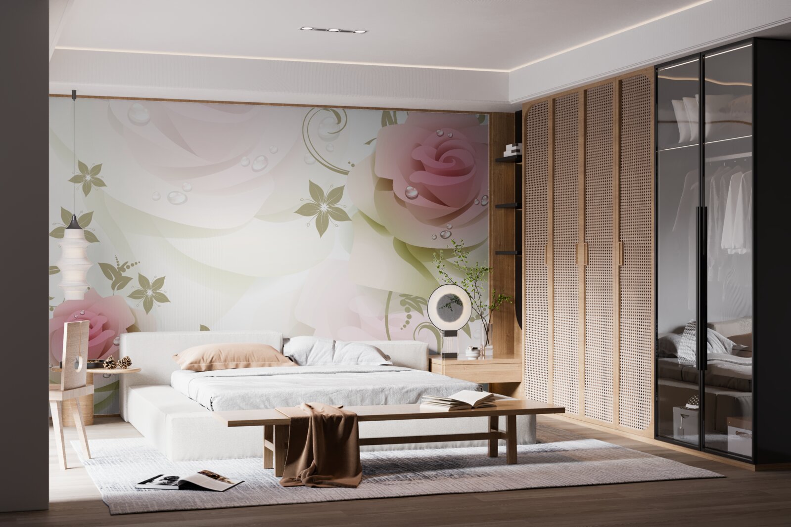 Papier peint de minces bourgeons roses avec des gouttelettes nacrées