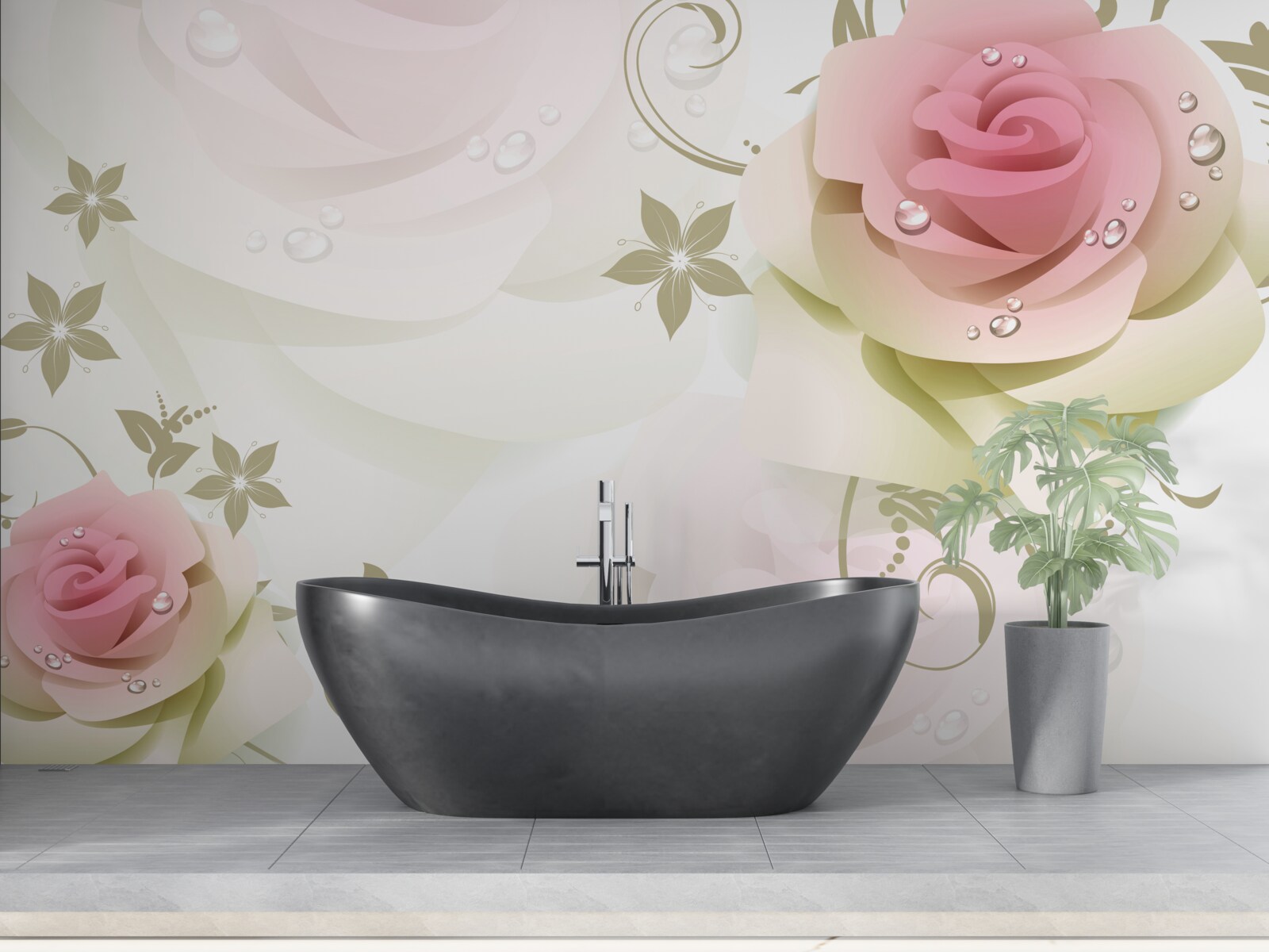 Papier peint de minces bourgeons roses avec des gouttelettes nacrées