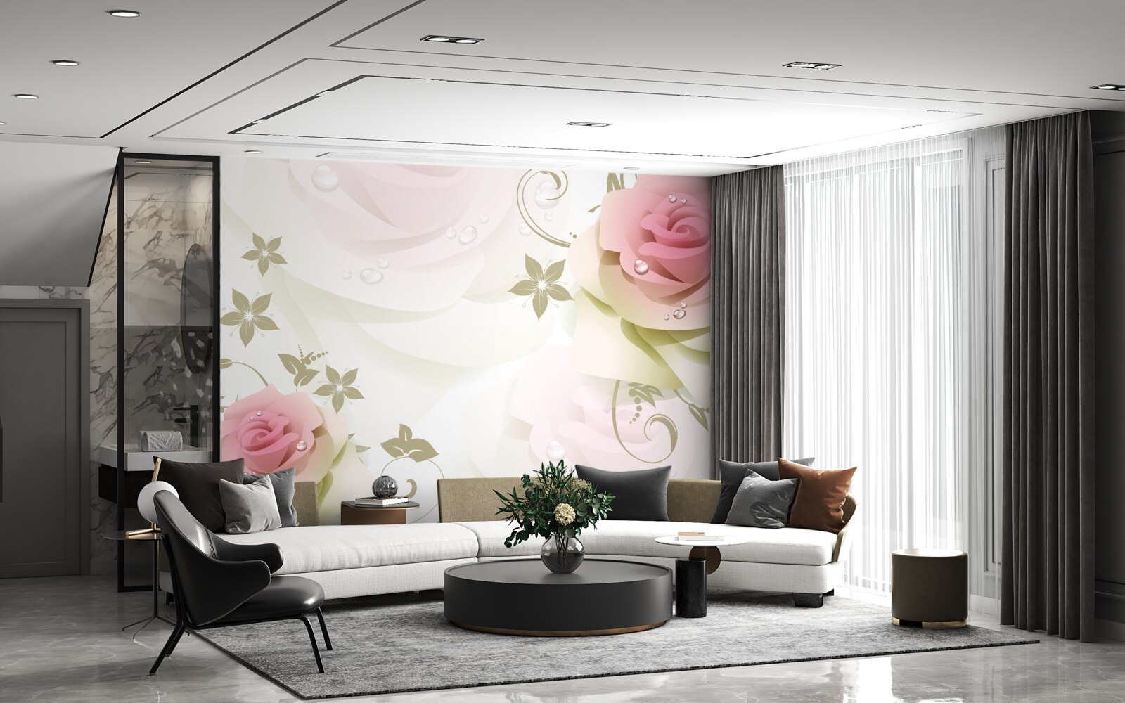 Papier peint de minces bourgeons roses avec des gouttelettes nacrées