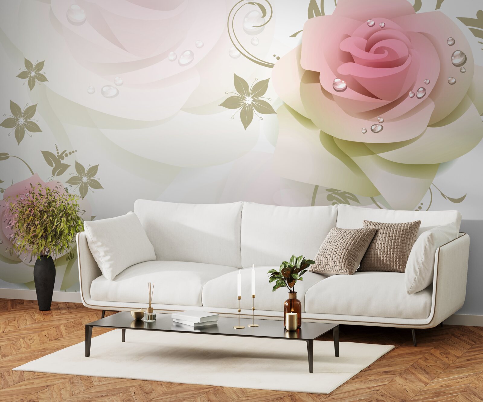 Papier peint de minces bourgeons roses avec des gouttelettes nacrées